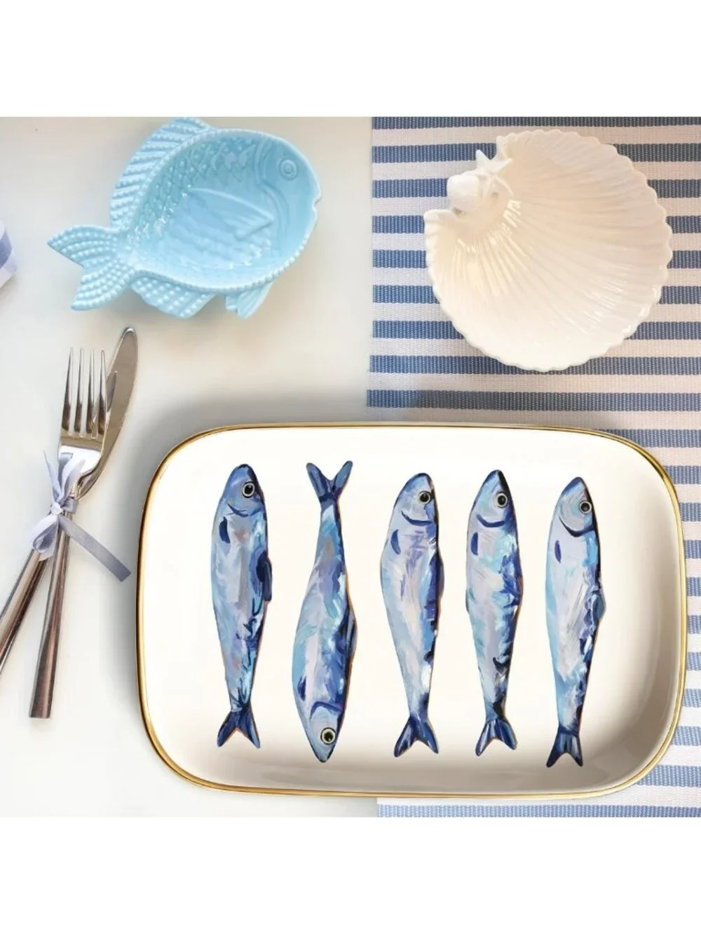 Aesthetic Ceramic Sardines Trinket Tray | Decorative Jewelry & Key Dish for Home